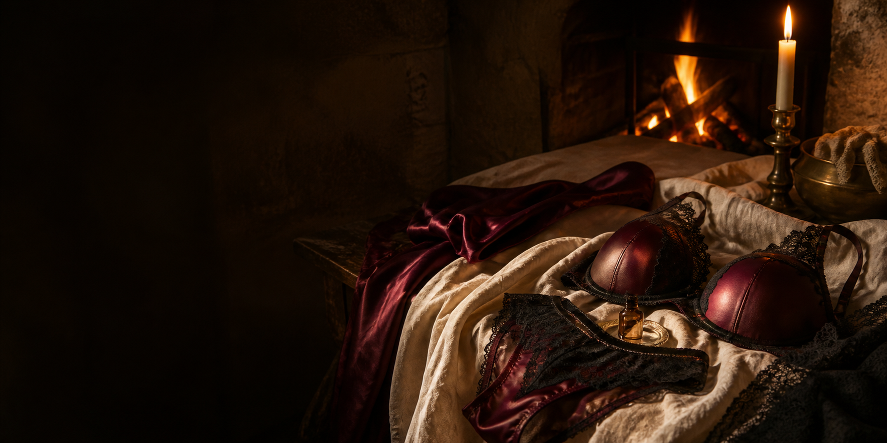 Luxury oxblood and black lace intimates styled beside a glowing hearth